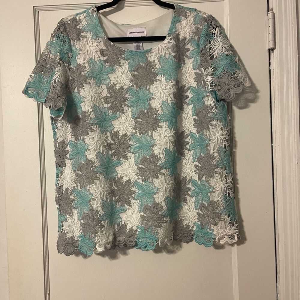 Alfred Dunner Lace Floral Blouse - White, Gray, and Blue - Green